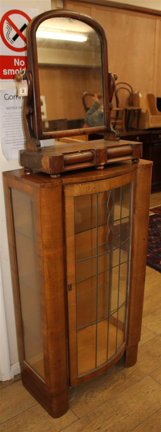 An Art Deco style walnut display cabinet and a Victorian mahogany toilet mirror Cabinet W.62cm